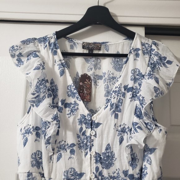 NWT J GLEE Boho Dress Blue/White Floral Knee Length Size L - Picture 7 of 13